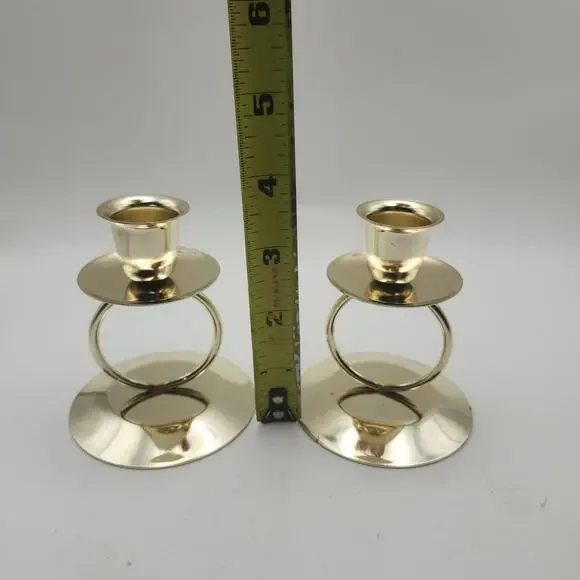 Gold Tone Metal Ring Taper Candle Holders Pair Modern Minimalist Round Base - Picture 3 of 8